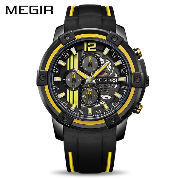 

megir big dial quartz men watches with chronograph silicone sport watch men relogio masculino fashion wristwatches, Slivery;brown