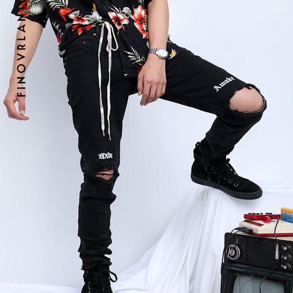 

2018 Streetwear Black Ripped Jeans Men With Holes Denim Super Skinny hip hop Slim Fit Jean Pants Scratched Biker Jeans