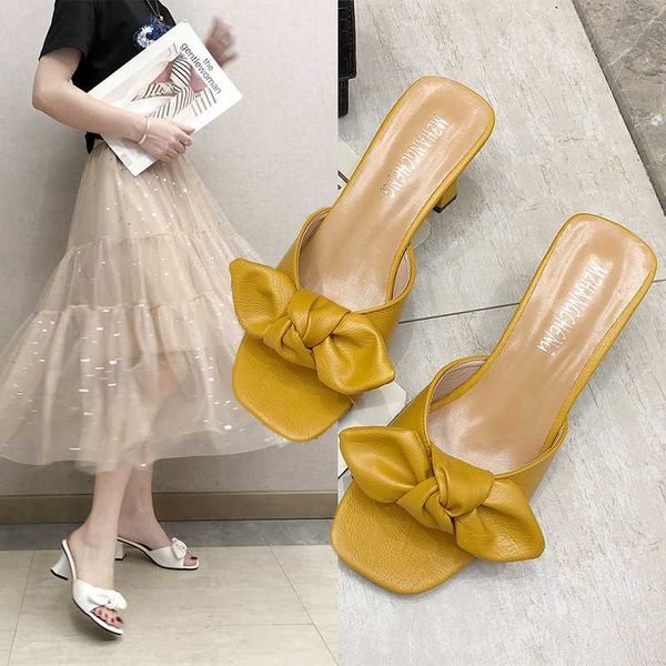 

slippers 2021 summer ashion outside slides ladies women shoes square bow knot high heels fcasual woman, Black