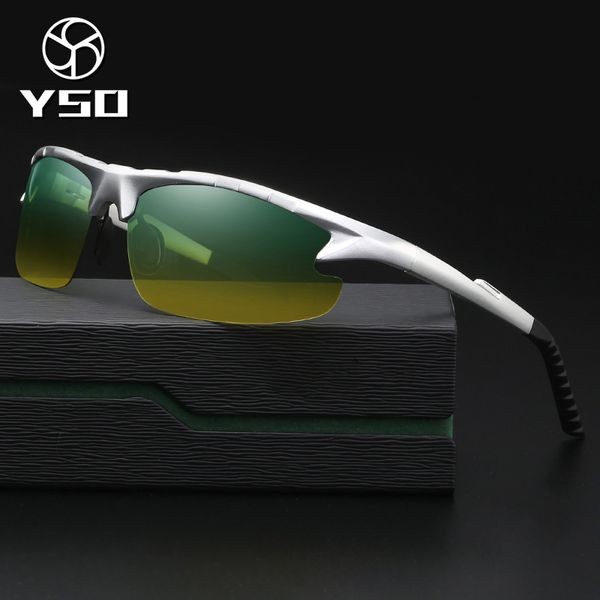 

yso sunglasses men polarized uv400 aluminium magnesium frame hd night vision driving glasses semi rimless accessory for men 8123, White;black