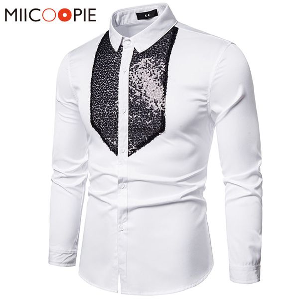 

mens dress shirt with sequins 2020 luxury long sleeve slim fit stage wedding nightclub party prom camisa social shiny shirts 5xl, White;black