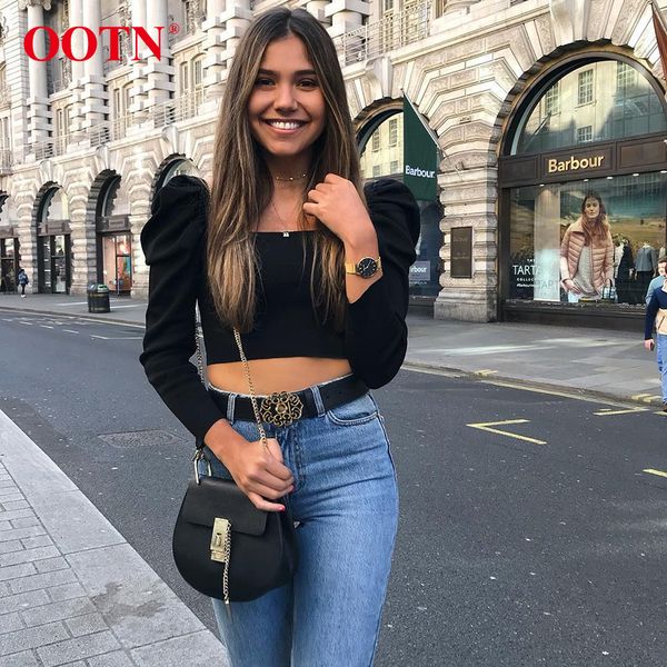 

ootn сексуальная длинные рукава puff женщины crop top осень зима женский трикотажные топы тонкий дамы черный блуза короткие топы streetwear, White