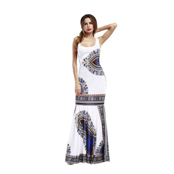 

Strapless Maxi Casual Print Women Dresses Summer Sexy Ladies Sleeveless Beach Dress Scoop Neck Trumpet Female Clothing