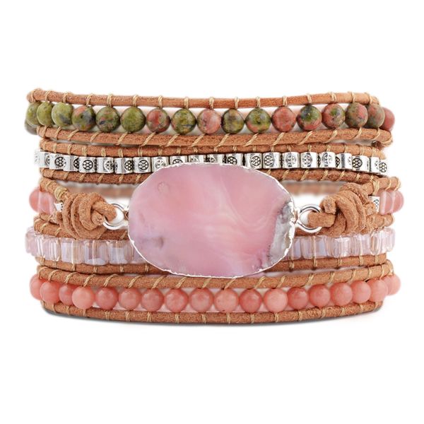 

natural pink opal wrist handmade vintage stone bracelet volcano quartz wrap bracelet for women leather dropshipping, Golden;silver