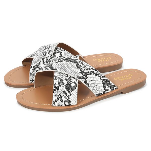 

women fashion slippers indoor& outdoor summer shoes snake pattern cross band flat slippers large beach outdoor shoes #1122, Black