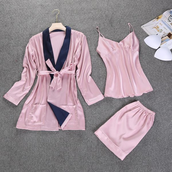 

new arrival ladies silk satin robe pajama set 3 pieces pink bathrobe set v-neck sleepwear summer home clothing for women, Blue;gray