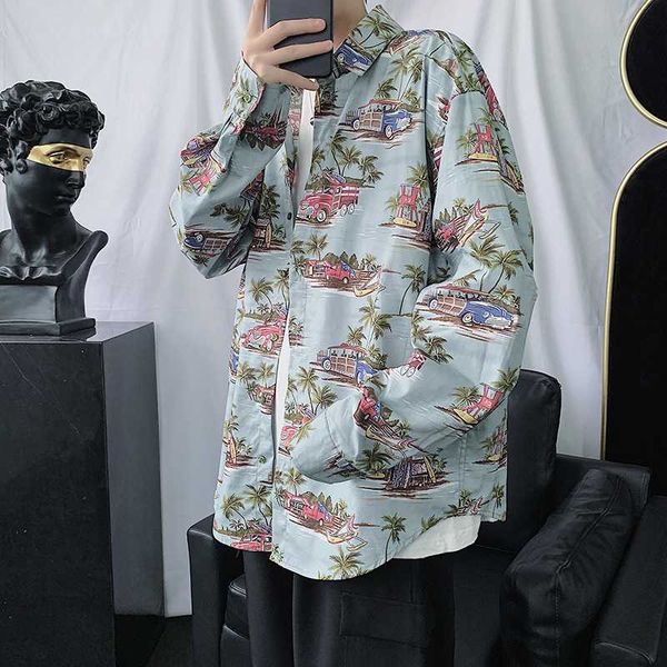 

цветочная рубашка мужская мода печатная повседневная рубашка дикая гавайская мужская уличная одежда свободные рубашки с длинным рукавом мужс, White;black