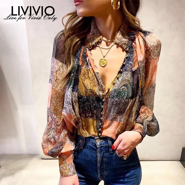 

livivio] винтаж печати длинные рукава лэнтер stand шеи однобортный блузка женщин рубашки 2019 мода одежда, White
