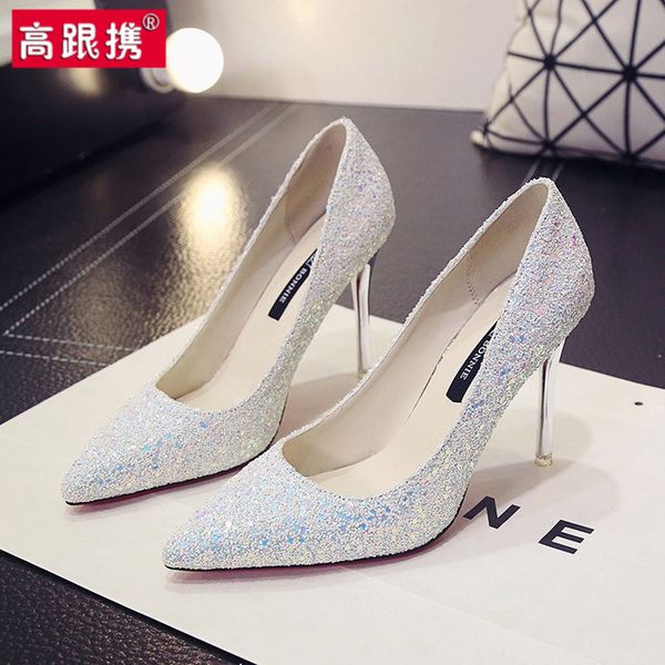 

ceremony high heels womens 18 th birthday gift stiletto pointed girl princess crystal shoes student versatile multifunction, Black