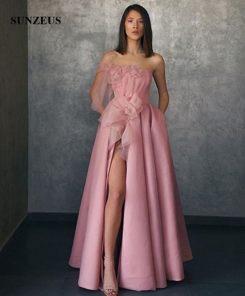 High Leg Slit Evening Dresses Floor Length Long Satin Formal Gowns