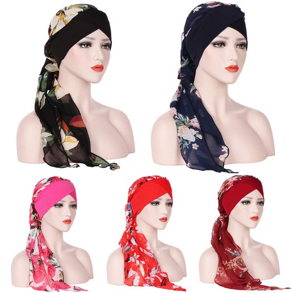 

women floral headwear new stylish chiffon long tail turban hair head wrap cap hatqd0007, Blue;gray