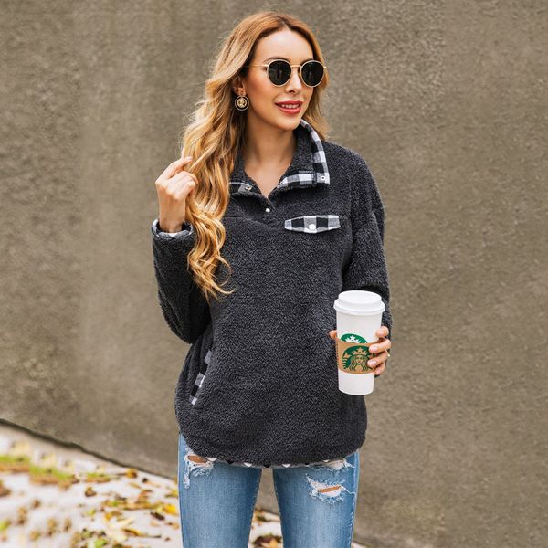 

2019 lattice spliced pocket casual plush hoodies women winter autumn outwear zipper sweatshirt long sleeve loose pullovers, Black