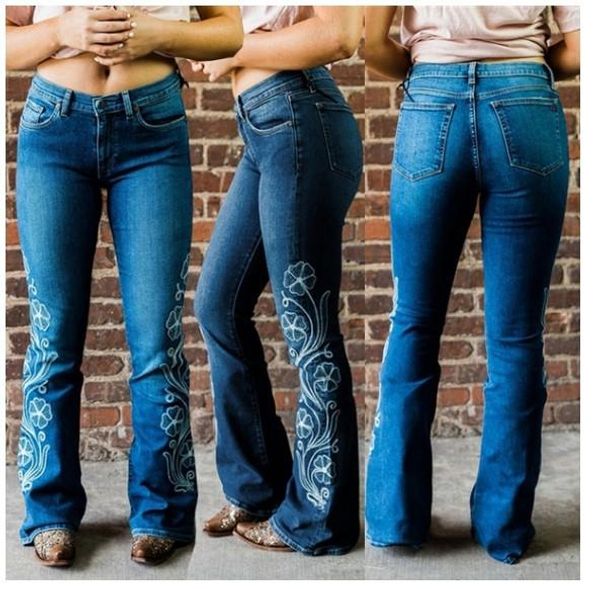

designer women embroidery flare jeans summer light blue skinny washed zipper fly jeans ladies long pants