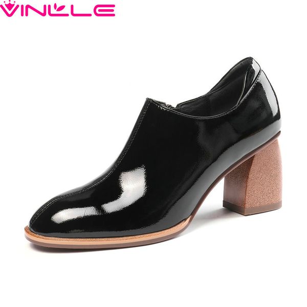 

vinlle 2019 fashion women ankle boots genuine leather zipper square high heel fashion solid basic ladies pumps shoes size 34-42, Black
