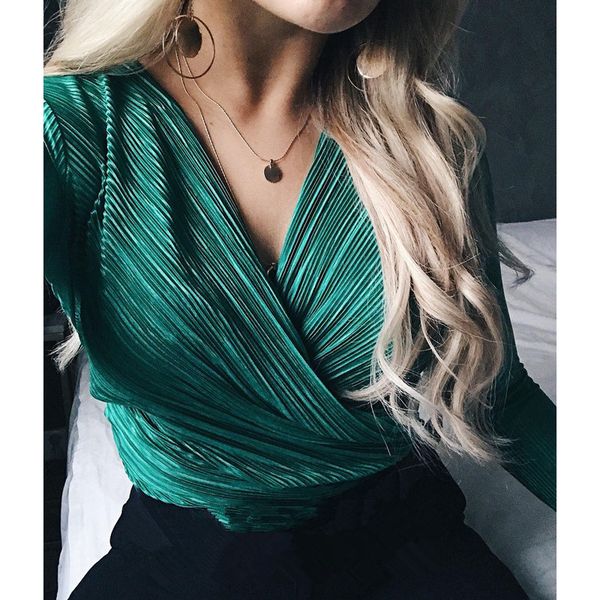 

long sleeve v neck bodysuit for women 2019 summer new fashion green textured shirts button elegant playsuits, White