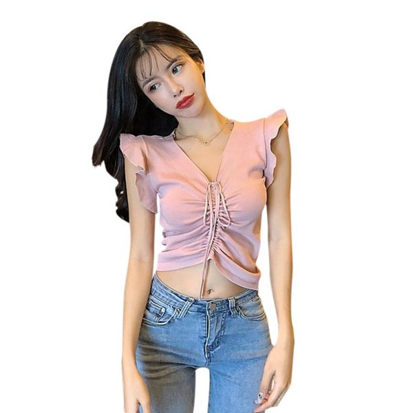 

женщины кулиской женщины футболка summer casual v шеи топы sexy твердая с коротким рукавом тонкий knit тис топы женщины 2020, White