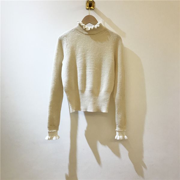 

women ruffle turtleneck knitted sweater patchwork false two pieces sweet autumn winter knitwear pullover, White;black
