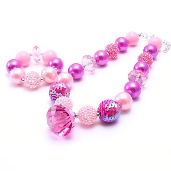 Hot Pink Color Kid Chunky NecklaceBracelet Set Fashion Pendant Bambini Girl Toddler Bubblegum Chunky Bead Collana Set di gioielli