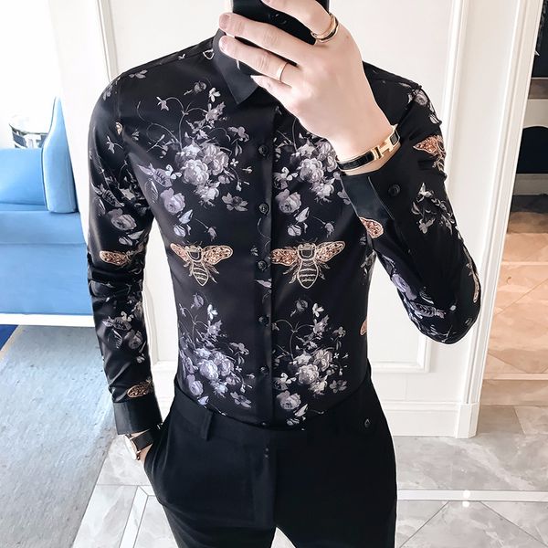 

desinger men shirt homme long slim fit print sleeve men masculina chemise party social camisa korea dress club shirt moewc, Black