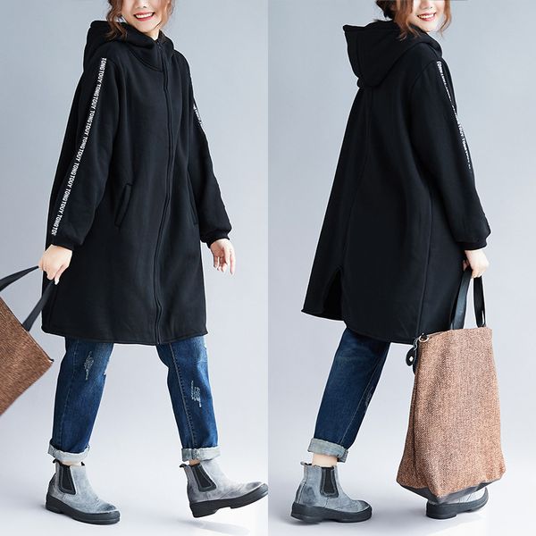 

2019 new women's autumn winter hoodies /sweatshirts korean casual long section plus size plus velvet thick coat outerwear x257, Black