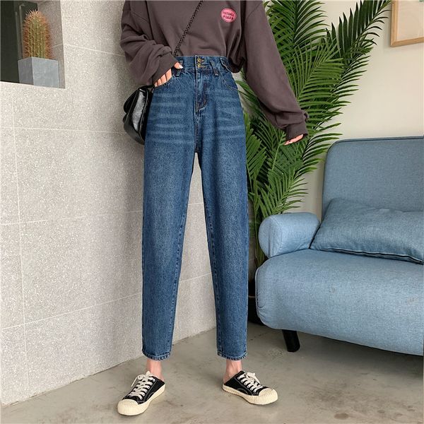 

blue girls jeans high elastic waist straight loose design wrinkle wash will fall school girls jeans