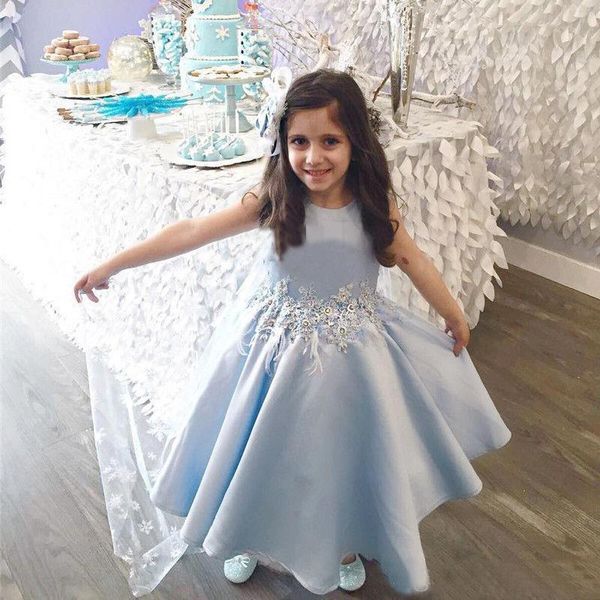 

2019 light blue flower girl dresses with lace appliques crew sleeveless girls pageant gowns tea length baby formal party dress, White;blue