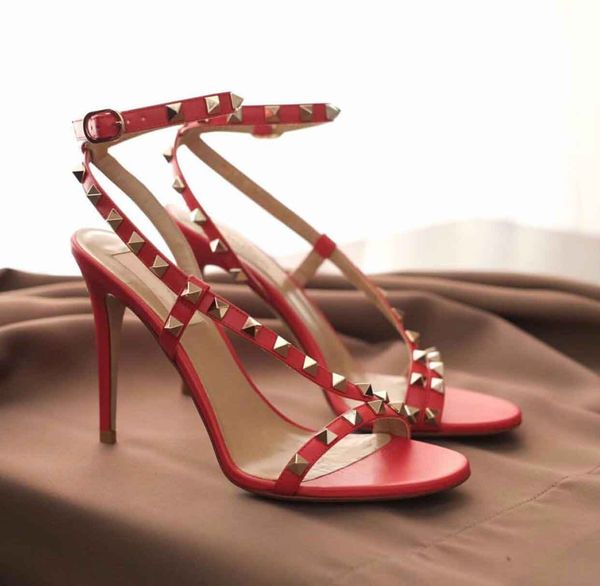 

luxury summer women sandals rockstuds stiletto heels rivets strappy ladies gladiator sandals luxury fashion travel sandalias mujer, Black