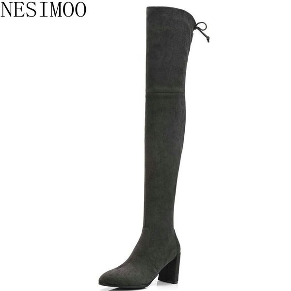 

nesimoo 2019 fashion women knee high boots round toe genuine leather square high heel basic all match ladies shoes size 34-39, Black