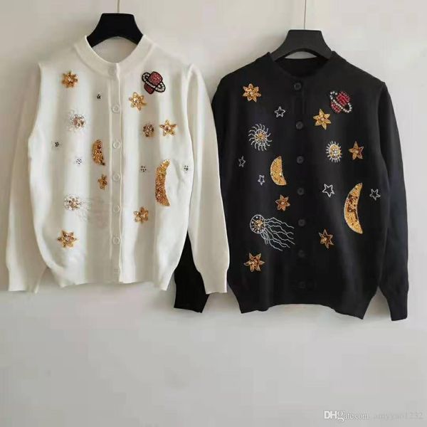 

810 2019 autumn brand same style sweater black white long sleeve crew neck cardigan sequins panelled qian, White;black