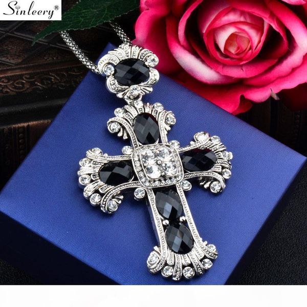 

sinleery vintage черный акриловые большой крест подвеска длинное ожерелье antique silver color chain maxi ювелирные изделия для женщин мужчи