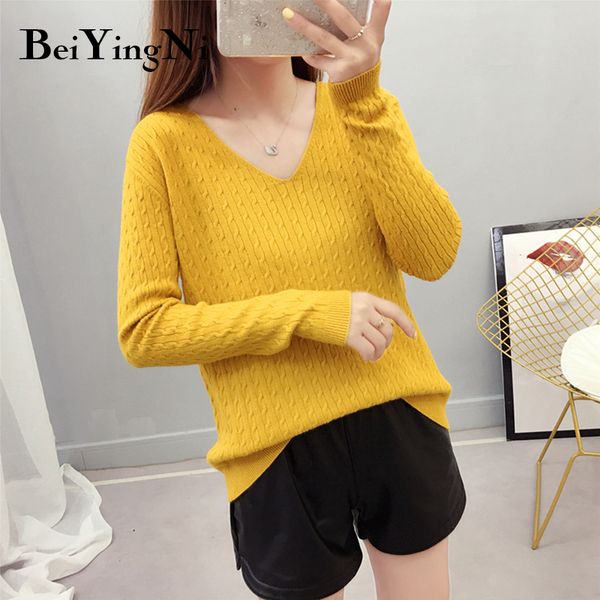 

beiyingni fashion v-neck women sweater kpop autumn winter simple knitted jumper female warm sweter damski casual elasticity top, White;black