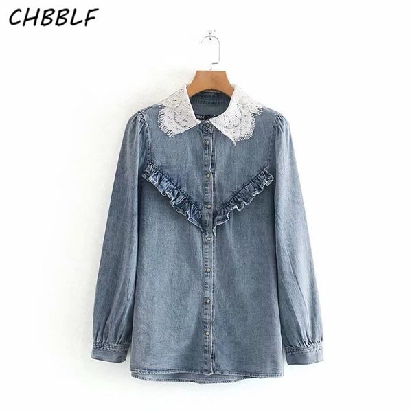

chbblf women chic lace collar long sleeve denim blouse retro casual shirt bhj1094, White