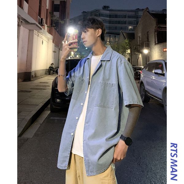 

men's casual shirts 2021 summer youth loose solid color tooling denim short sleeve shirt fashion blue / sky, White;black
