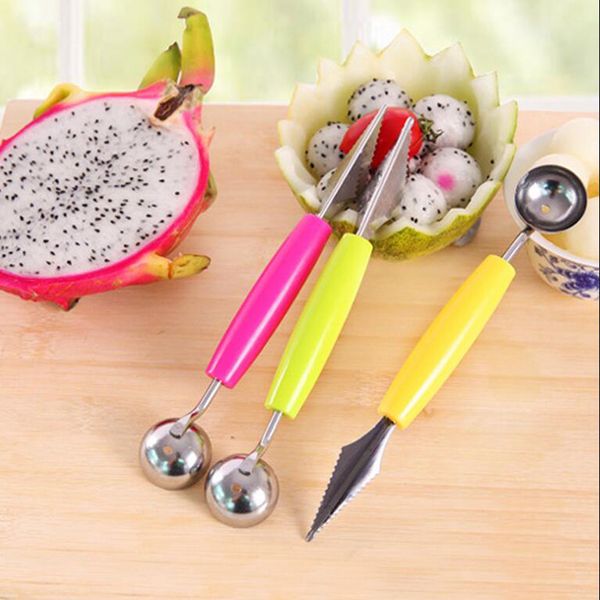 100pcs Multifunção Aço Inoxidável Fruit Carving Tools Faca Ice Cream Baller colher melancia Colher Double-End utensílio de cozinha