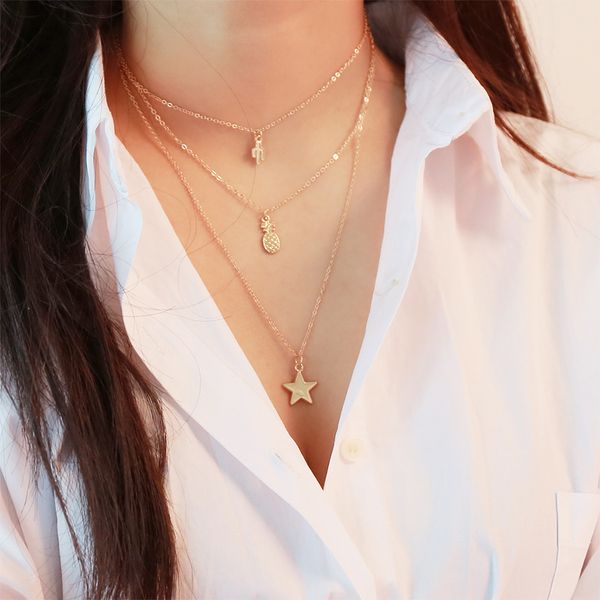 

women fashion multilayer clavicle chain choker necklace star charm pendant, Silver