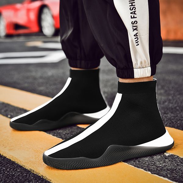 

fashion high casual shoes for men breathable flats men sneakers elasticity sock shoes walking footwear tenis masculino, Black
