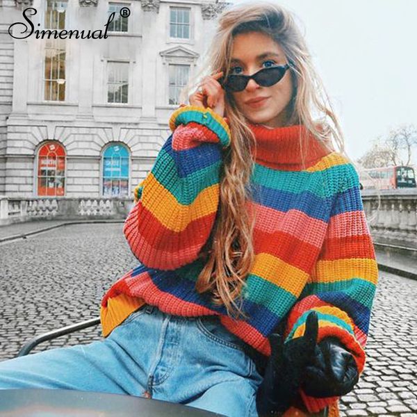 

simenual rainbow turtleneck sweaters women winter 2018 jumpers knitted clothes fashion striped oversized pullover female sale, White;black