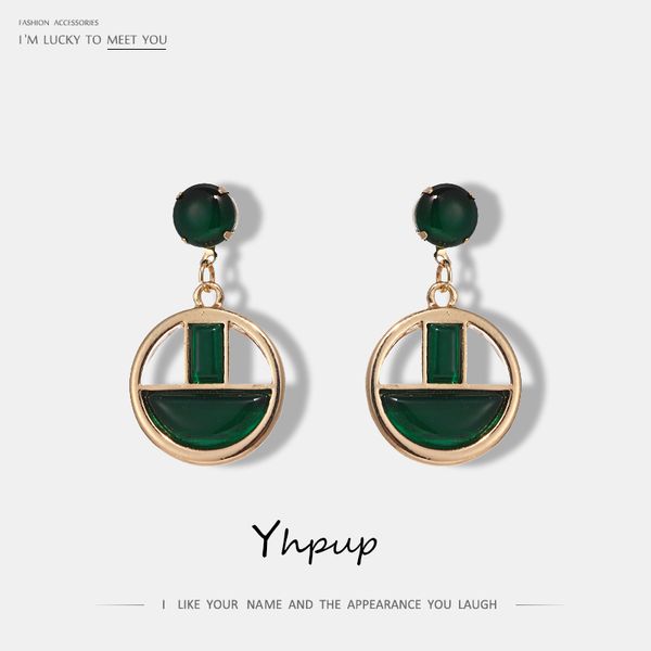 

yhpup new fashion green opal stone zinc alloy golden round hollow dangle earrings for women fashion jewelry oorbellen party gift, Silver