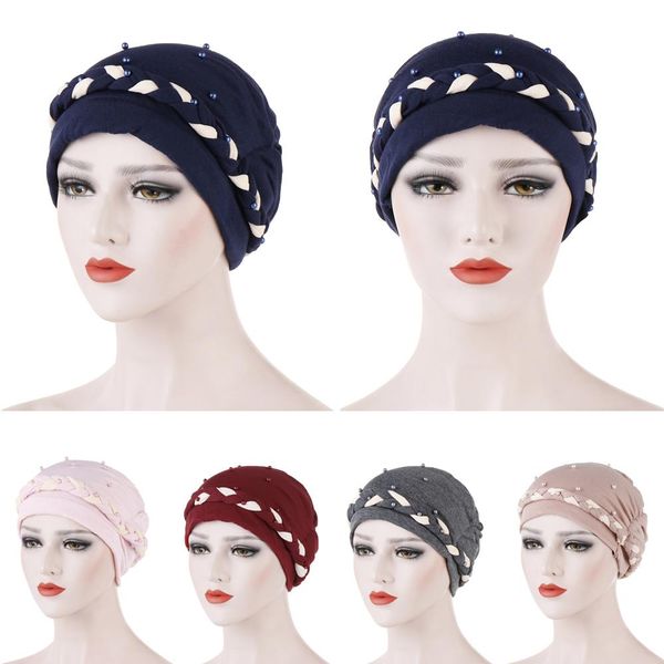 

women muslim turban hat beads braid head wrap cover cancer chemo cap beanie hat islamic bonnet hair loss arab india new, Blue;gray