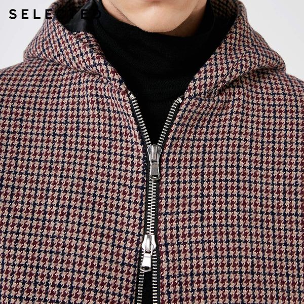 

selected new woolen houndstooth jacket hooded long winter coat men's jacket s | 418427548, Black