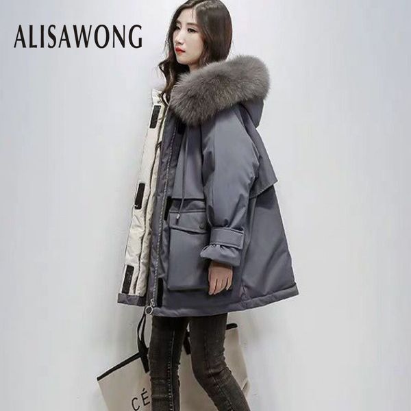 

winter white duck down down jacket women fashion natural fur collar slim parkas ladies black medium long coat outerwears