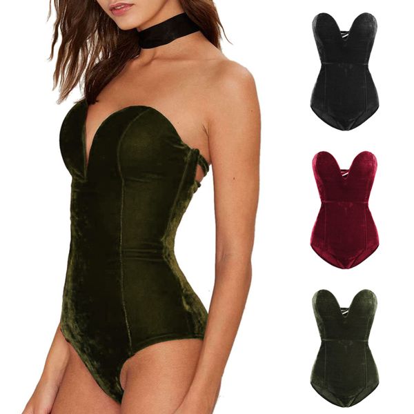 

velvet bodysuits women back cross strapless v neck backless bodycon jumpsuit autumn winter gold velvet halter onesies, Black;white