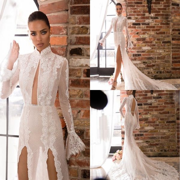 

2019 elihav sasson mermaid wedding dresses high neck lace applique long sleeve bohemian wedding dress side split boho bridal gowns, White