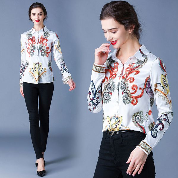

2020 white baroque print luxury shirts women long sleeve lapel neck runway ladies shirt blouses elegant office designer button shirts
