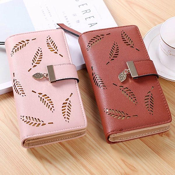 

1 пк элегантный полые листья женщин бумажник дамы долго pu кожаный молнии бумажник монета сумочки держатель кредитной карты id карман челнок, Red;black