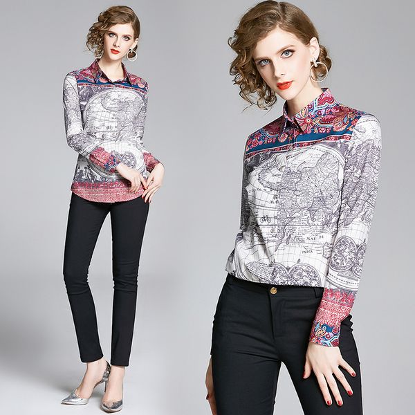 

2020 runway designer luxury elegant women blouses button long sleeve spring summer ol ladies casual office lapel neck slim shirts, White