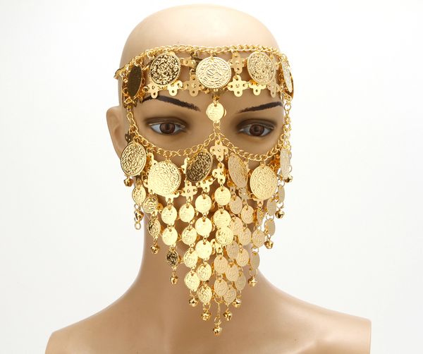 

belly dance costume headwear coins face mask veil tribal arab african egypt gold plated accessory, Black;red