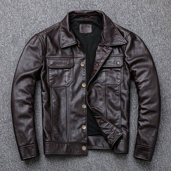 

american cowboy vintage genuine cow leather jackets men brown single breasted slim cowskin real leather coats motorcycle biker, Black