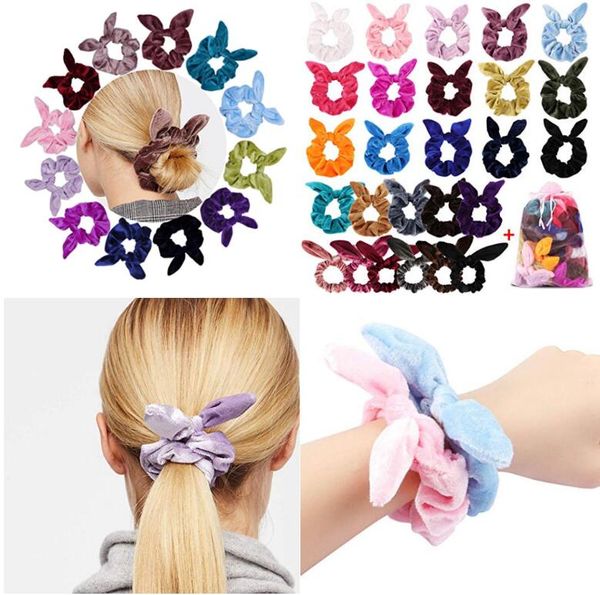 Fascia per capelli da donna Velluto Tinta unita Scrunchie Orecchie di coniglio Scrunchies per capelli Porta coda di cavallo Scrunchy Cravatte per capelli per decorazioni per ragazze