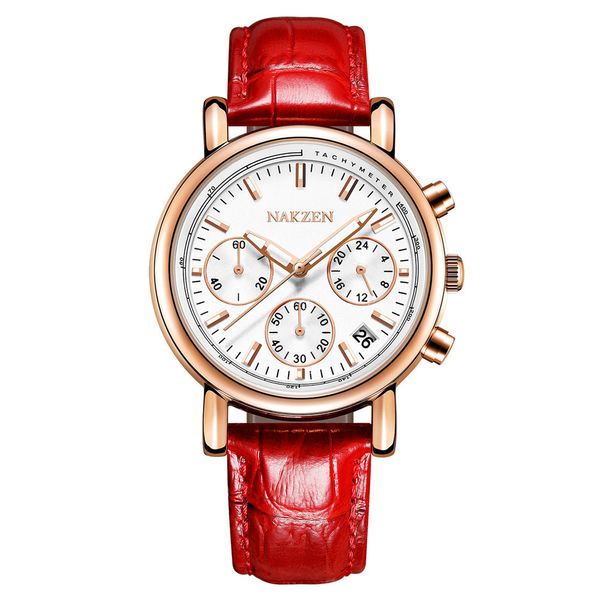 

brand women's watch japan movement three-eye six-pin calendar multi-functional waterproof leather strap women's choice, Slivery;brown